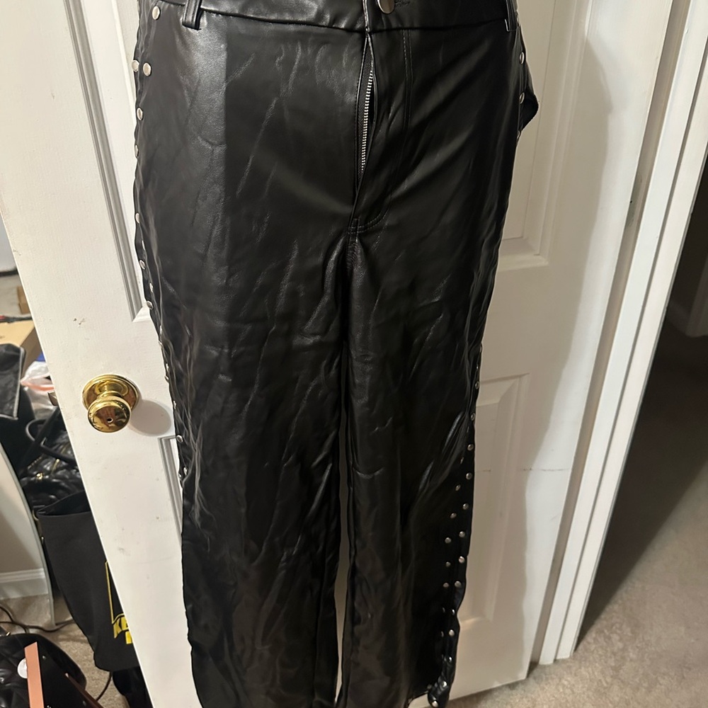 Fashion Nova Black Faux Leather Flared Pants with Side Studs
